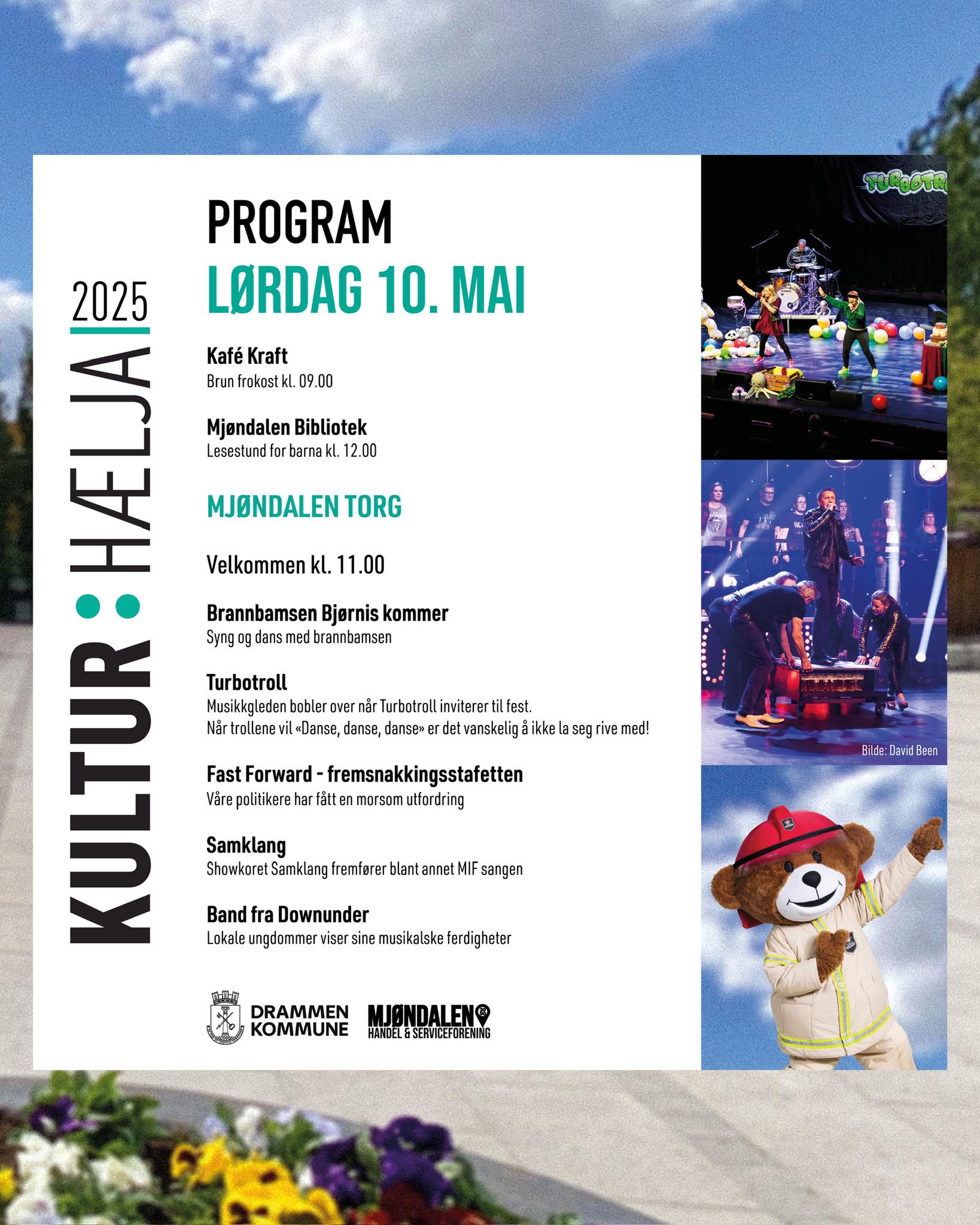 Kan være et bilde av 4 personer, dovenlori og tekst som sier '2025 乳魔街聞 PROGRAM LORDAG 10. MAI Kafé Kraft Brun frokost LO 9.00 Mjondalen Bibliotek Lesestund rbarna L1 2.00 MJONDALEN TORG Velkommen kl. 11.00 Brannbamsen Bjernis nis kommer Syng brannbamsen 1ረም Turbotroll Musikkgleden bobler over Turbatrol! Linviterer fest. När trollene vil "Aan3e danse, danse detva detvanskelig ikke seg ie med! FastForward- -fremsnakkingsstafetten Stter norson /arepoicetertneni utfordring Samklang Showkoret ShowkoretSamklan Samklang fremforer blant annet IF sangen Band fra Downunder Lokale ngdommer viser sinc musikalskc erdigheter Nid:: Nin::DaidDre idNren Rlg KOMMUNE JONDALENO AINDELFSERMICEFURENNG'